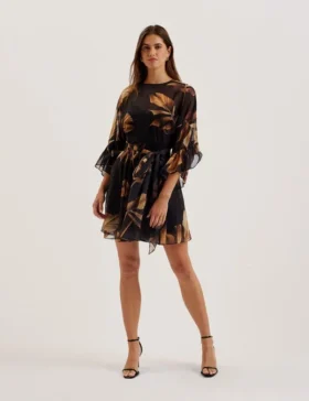 ELSTER Desenli Şifon Mini Elbise, Belden Bağlamalı