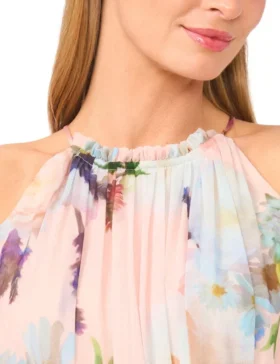JANE Çiçek Desenli Halter Yaka Şifon Maxi Elbise