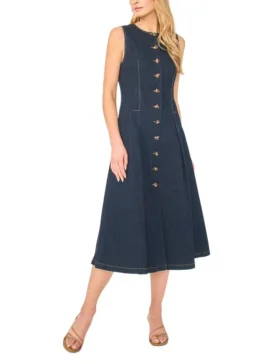 MIA Düğmeli Kolsuz Denim Midi Elbise