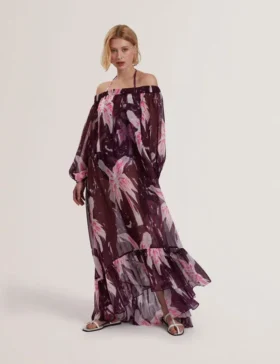MONTAYA Çiçek Desenli Bardot Maxi Elbise Plaj Örtüsü