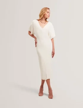 REBEXXA Geniş Kollu Örme Bodycon Midi Elbise