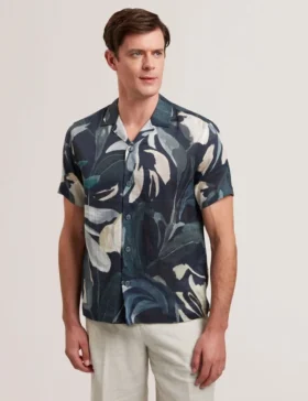 ROGNSKI Rahat Çiçek Desenli Kısa Kollu Keten Gömlek
