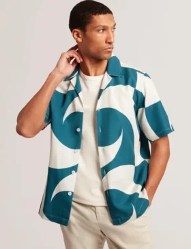 ROLDAN Kısa Kollu Oversized Keten Karışımı Girdap Desenli Gömlek